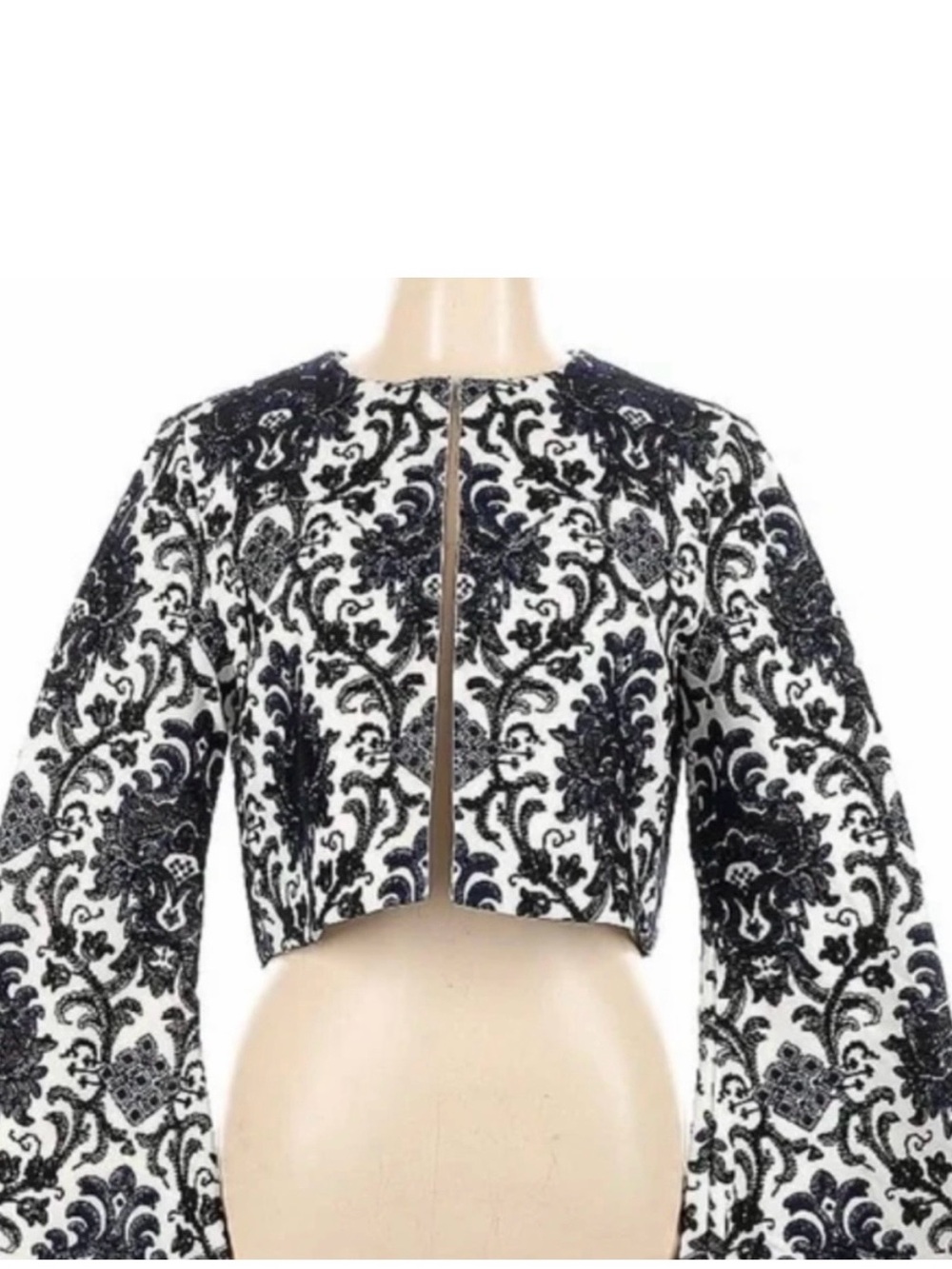 INTERMIX TAREK Embroidered Black White Crop Bell Sleeves Jacquard Jacket Size L